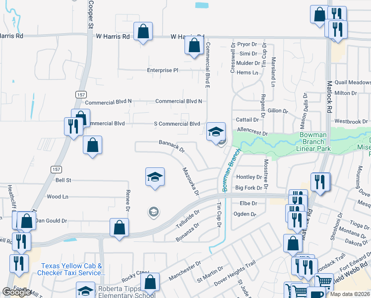 map of restaurants, bars, coffee shops, grocery stores, and more near 1023 Bannack Drive in Arlington