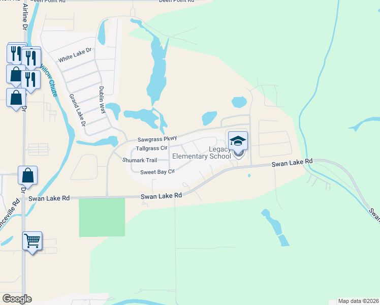 map of restaurants, bars, coffee shops, grocery stores, and more near 2504 Prairie Moss Drive in Bossier City