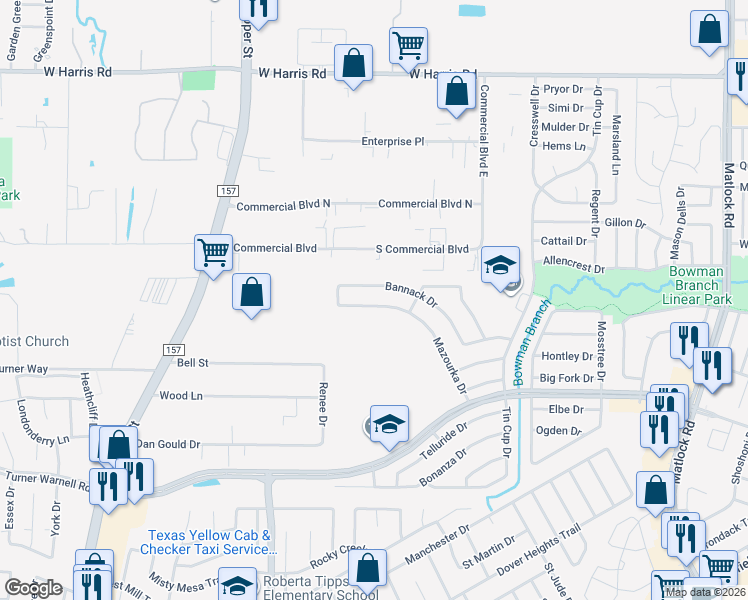 map of restaurants, bars, coffee shops, grocery stores, and more near 1108 Bannack Drive in Arlington