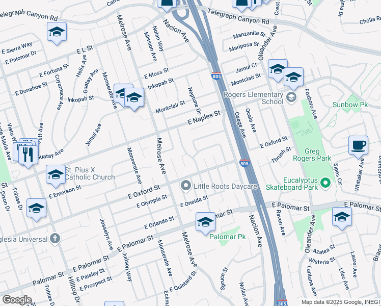 map of restaurants, bars, coffee shops, grocery stores, and more near 1151 Napa Avenue in Chula Vista