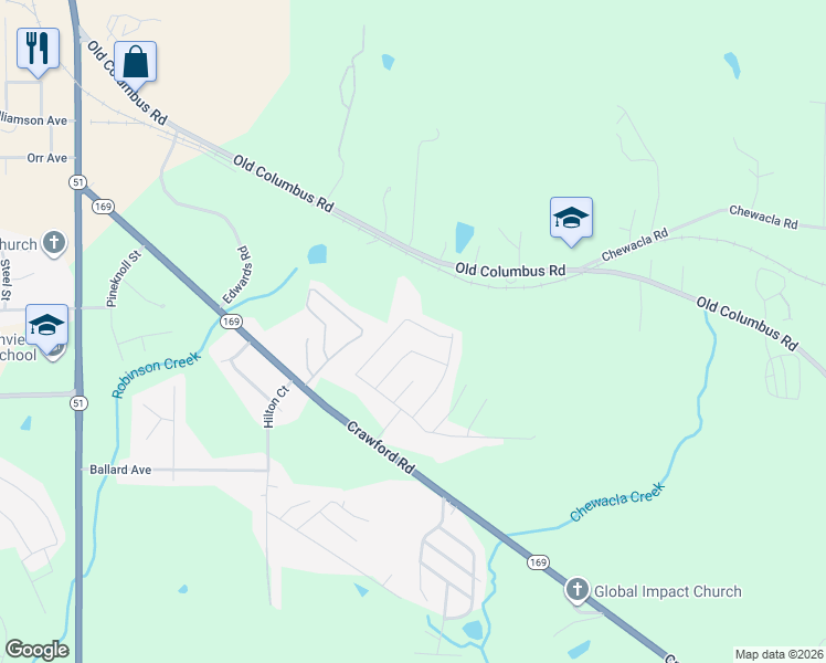 map of restaurants, bars, coffee shops, grocery stores, and more near 2704 Brittany Lane in Opelika