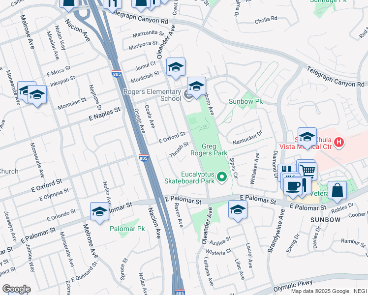 map of restaurants, bars, coffee shops, grocery stores, and more near 478 Thrush Street in Chula Vista