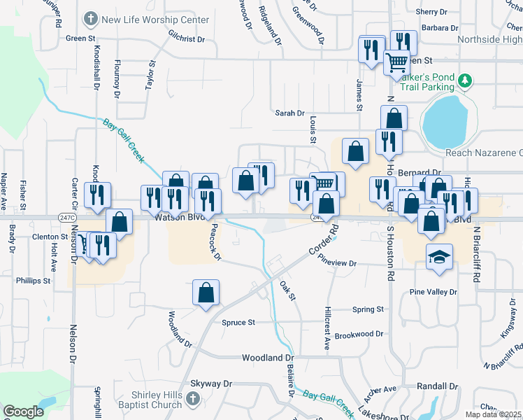 map of restaurants, bars, coffee shops, grocery stores, and more near 2026 Watson Boulevard in Warner Robins