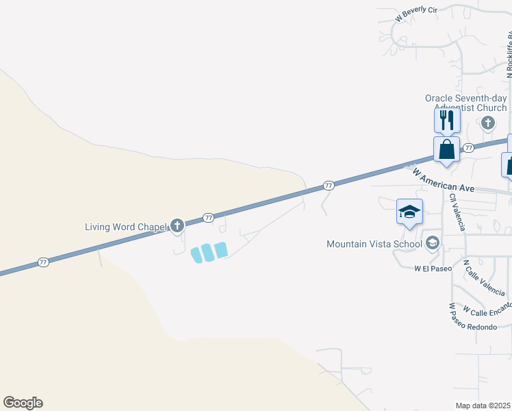map of restaurants, bars, coffee shops, grocery stores, and more near Arizona 77 in Oracle