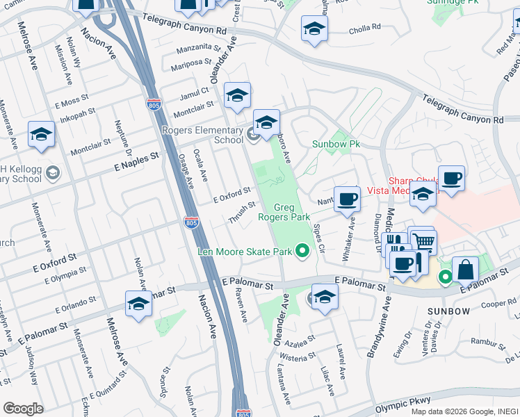map of restaurants, bars, coffee shops, grocery stores, and more near 1228 Oleander Avenue in Chula Vista