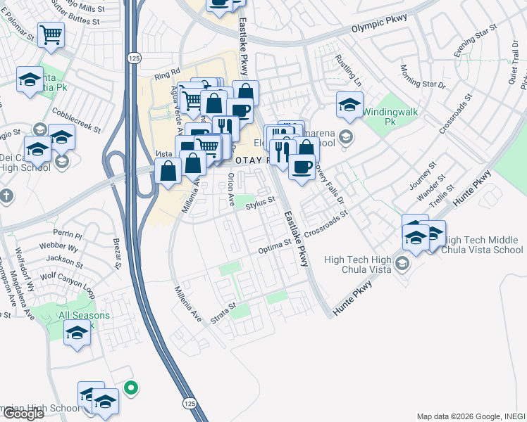 map of restaurants, bars, coffee shops, grocery stores, and more near 1715 Orion Avenue in Chula Vista
