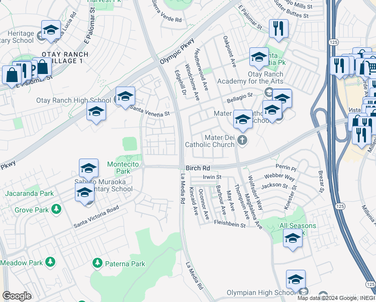 map of restaurants, bars, coffee shops, grocery stores, and more near 1645 Orinda Court in Chula Vista