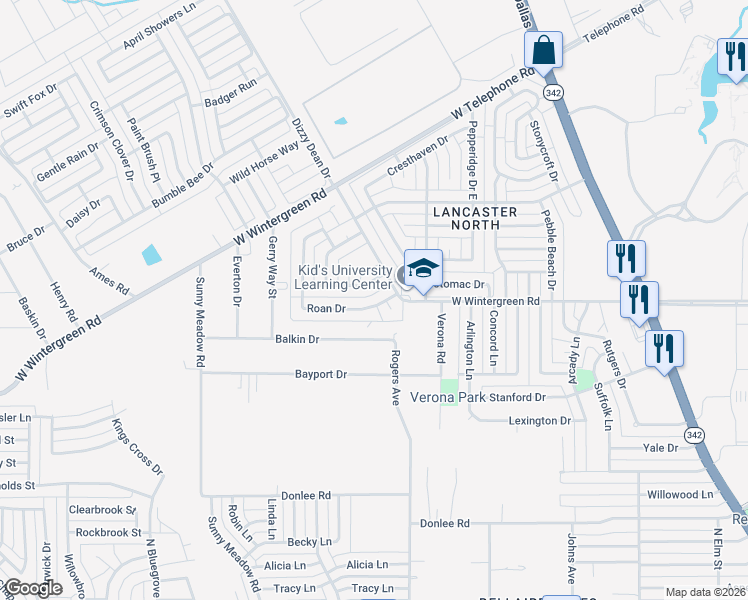 map of restaurants, bars, coffee shops, grocery stores, and more near 1225 Roan Drive in Lancaster