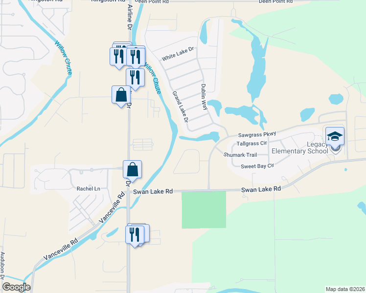 map of restaurants, bars, coffee shops, grocery stores, and more near 1047 Spanish Moss Circle in Bossier City