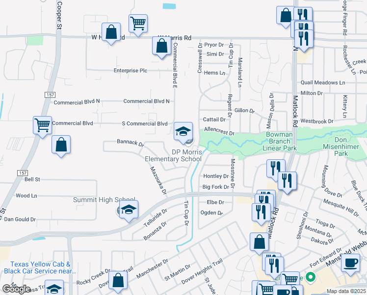 map of restaurants, bars, coffee shops, grocery stores, and more near 7900 Tin Cup Drive in Arlington