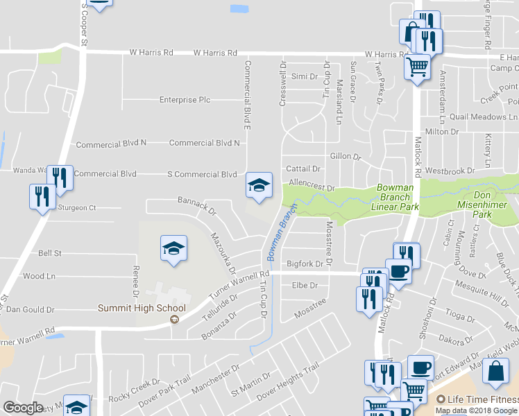 map of restaurants, bars, coffee shops, grocery stores, and more near 7900 Tin Cup Drive in Arlington