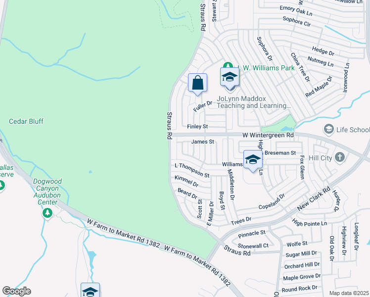 map of restaurants, bars, coffee shops, grocery stores, and more near 1402 Williams Street in Cedar Hill