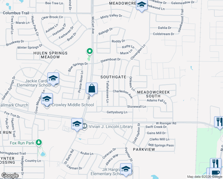 map of restaurants, bars, coffee shops, grocery stores, and more near 8433 Auburn Drive in Fort Worth