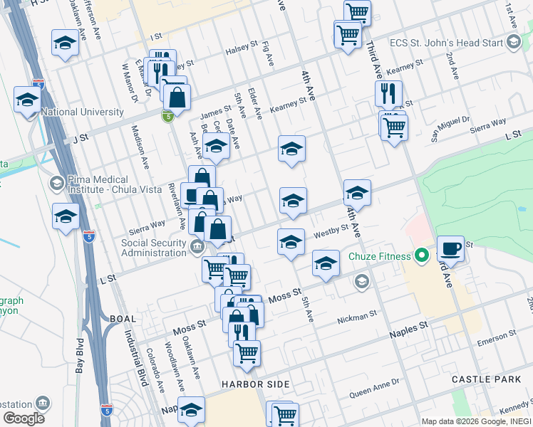map of restaurants, bars, coffee shops, grocery stores, and more near 885 Date Avenue in Chula Vista
