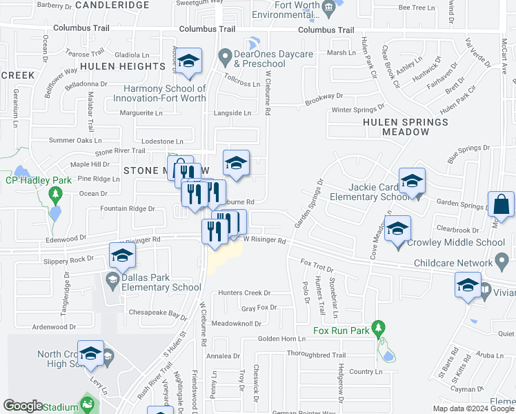 map of restaurants, bars, coffee shops, grocery stores, and more near 4212 North Coral Springs Drive in Fort Worth