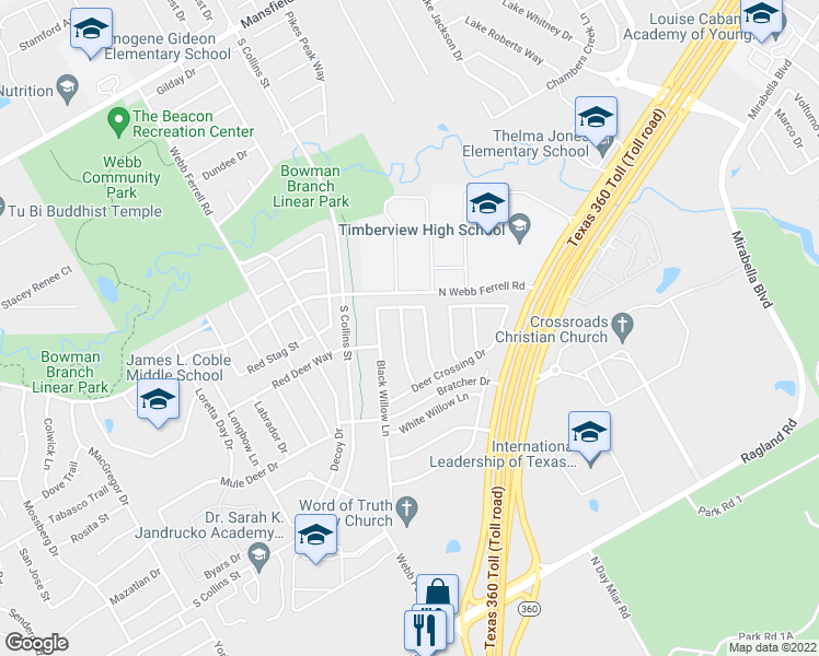 map of restaurants, bars, coffee shops, grocery stores, and more near 7606 Yearling Way in Arlington