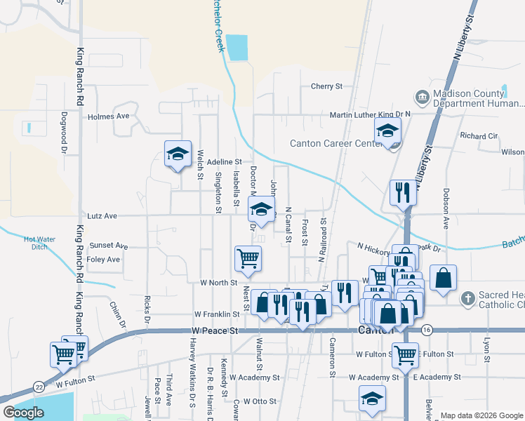 map of restaurants, bars, coffee shops, grocery stores, and more near 411 Johnson Street in Canton