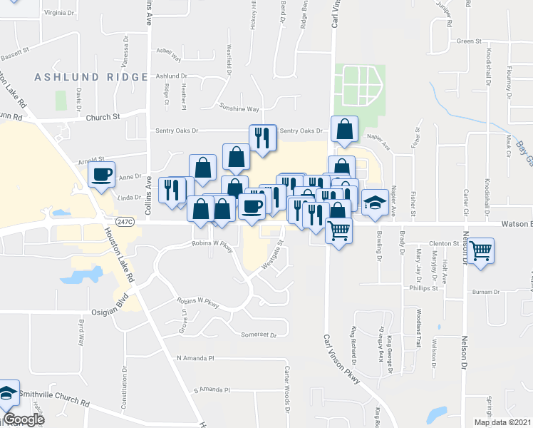 map of restaurants, bars, coffee shops, grocery stores, and more near 2714 Watson Boulevard in Warner Robins