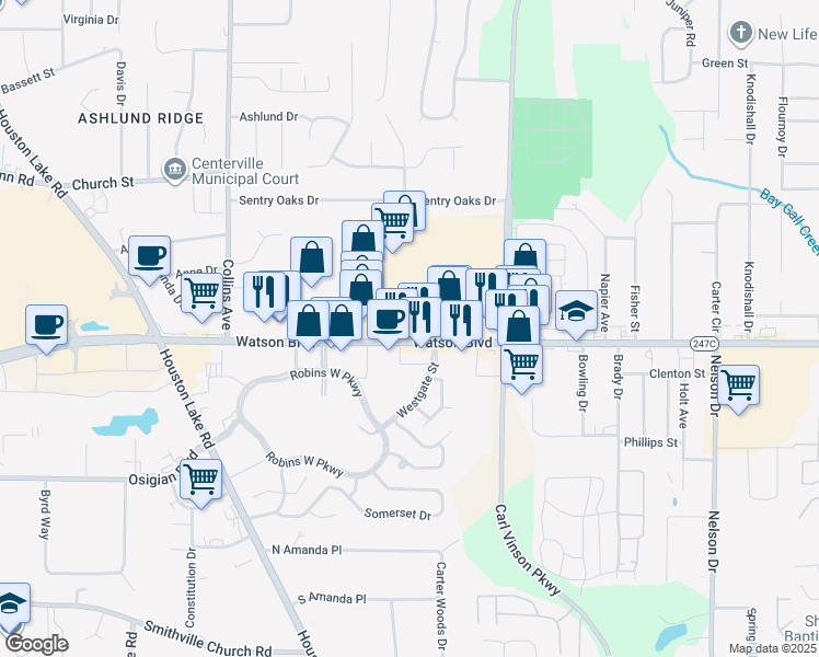 map of restaurants, bars, coffee shops, grocery stores, and more near 2714 Watson Boulevard in Warner Robins