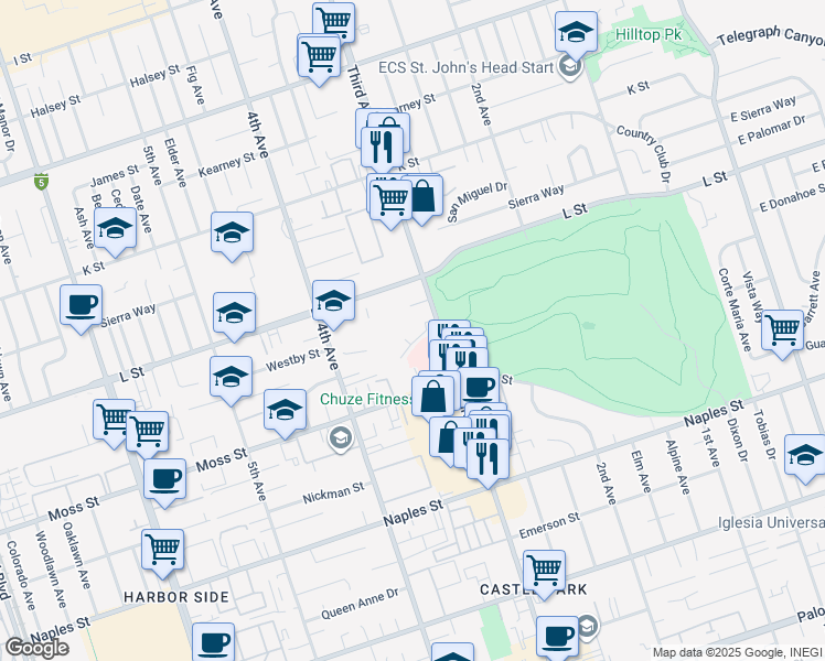 map of restaurants, bars, coffee shops, grocery stores, and more near 940 3rd Avenue in Chula Vista