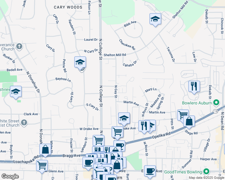 map of restaurants, bars, coffee shops, grocery stores, and more near 128 Wynn Avenue in Auburn