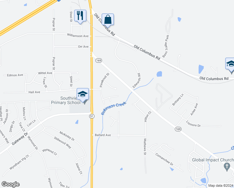 map of restaurants, bars, coffee shops, grocery stores, and more near 202 Southview Lane in Opelika