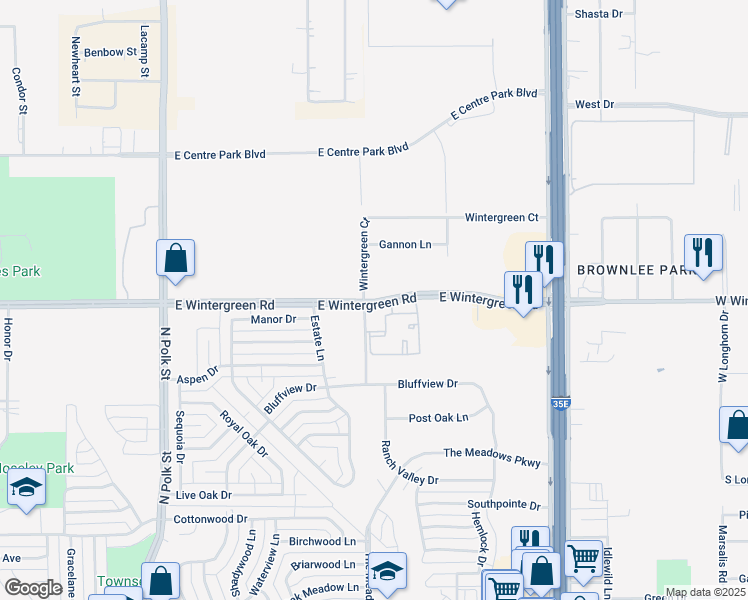 map of restaurants, bars, coffee shops, grocery stores, and more near 1121 East Wintergreen Road in DeSoto