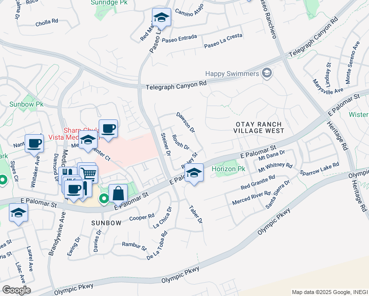 map of restaurants, bars, coffee shops, grocery stores, and more near 1320 Roush Drive in Chula Vista