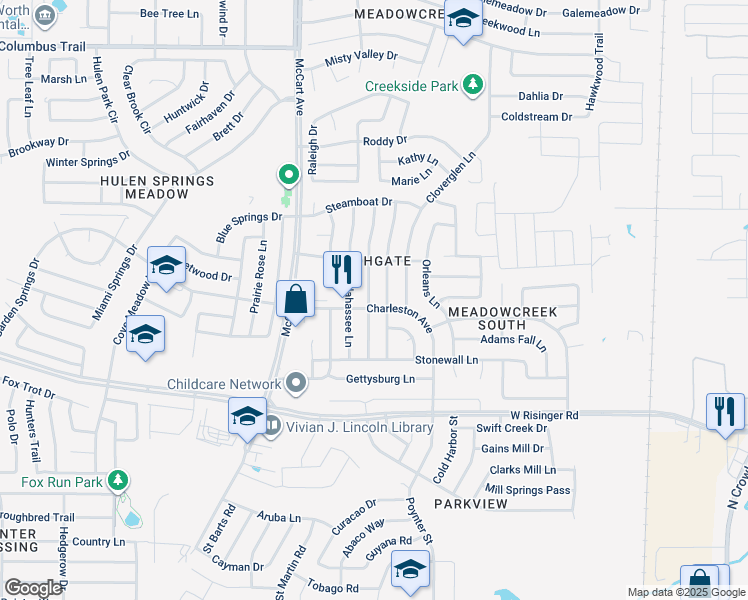 map of restaurants, bars, coffee shops, grocery stores, and more near 8437 Auburn Drive in Fort Worth
