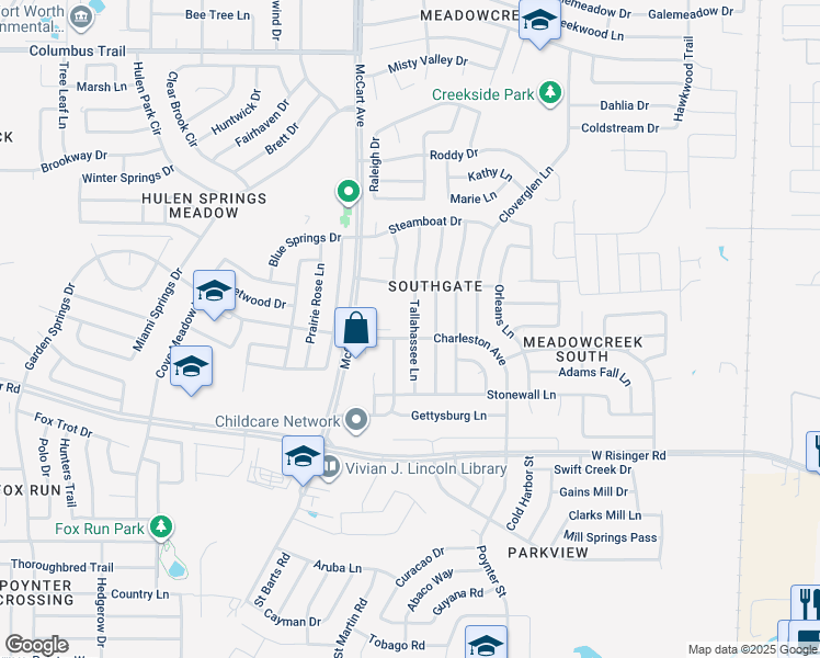 map of restaurants, bars, coffee shops, grocery stores, and more near 8436 Tallahassee Lane in Fort Worth