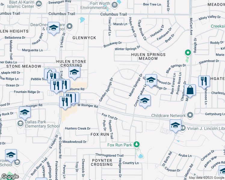 map of restaurants, bars, coffee shops, grocery stores, and more near 8559 Garden Springs Drive in Fort Worth