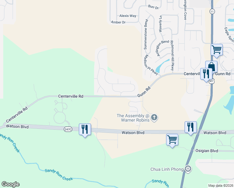 map of restaurants, bars, coffee shops, grocery stores, and more near 104 Rambling Creek Cove in Byron