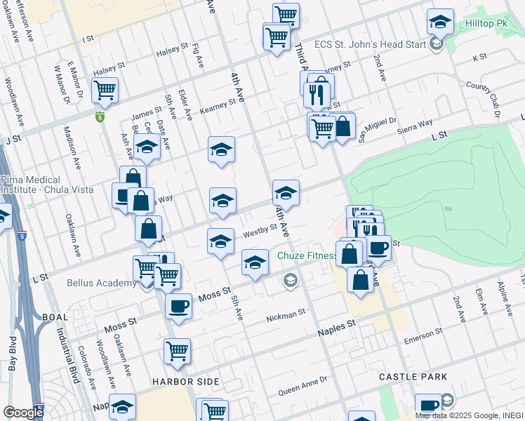 map of restaurants, bars, coffee shops, grocery stores, and more near 416 L Street in Chula Vista