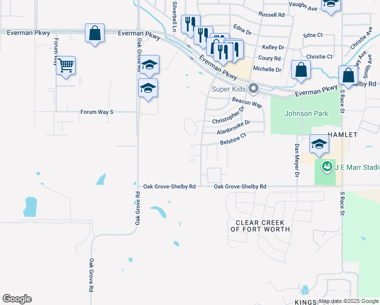 map of restaurants, bars, coffee shops, grocery stores, and more near 1751 Farleigh Court in Fort Worth