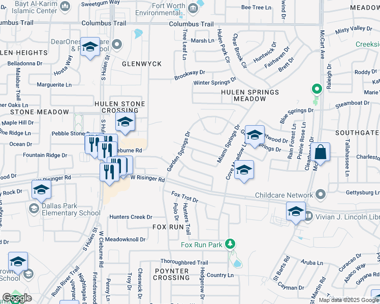 map of restaurants, bars, coffee shops, grocery stores, and more near 8559 Garden Springs Drive in Fort Worth