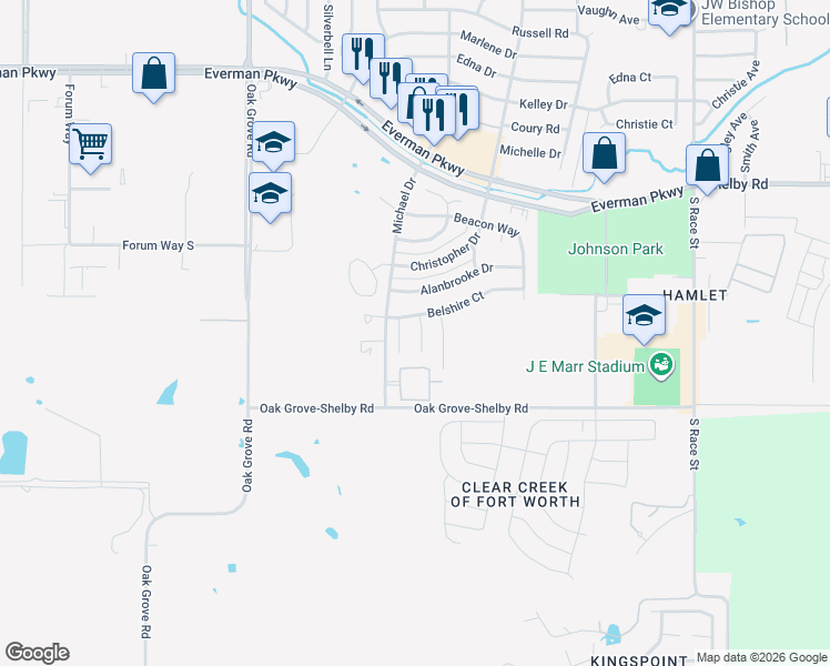 map of restaurants, bars, coffee shops, grocery stores, and more near 9312 Rhoni Court in Fort Worth