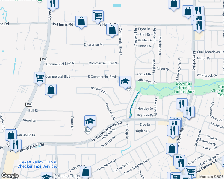 map of restaurants, bars, coffee shops, grocery stores, and more near 7903 Beef Creek Drive in Arlington