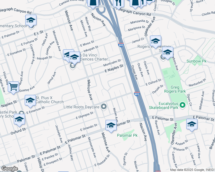 map of restaurants, bars, coffee shops, grocery stores, and more near 1150 Napa Avenue in Chula Vista