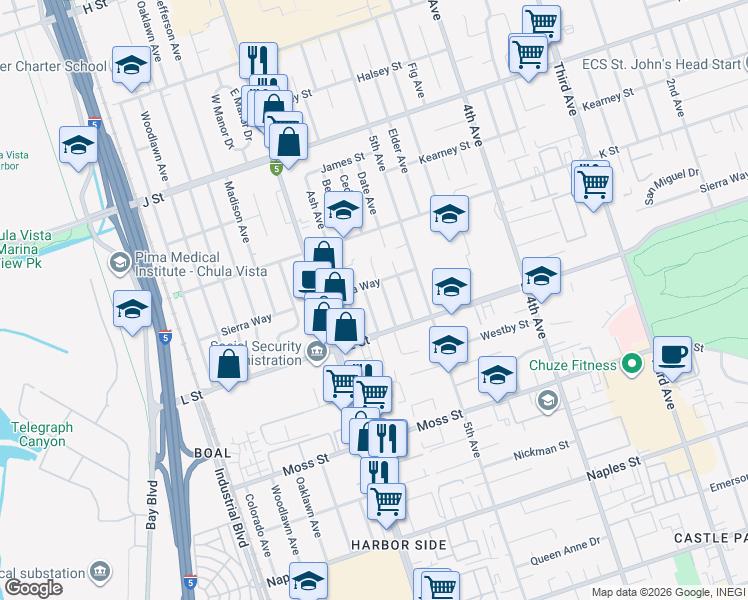 map of restaurants, bars, coffee shops, grocery stores, and more near 867 Beech Avenue in Chula Vista