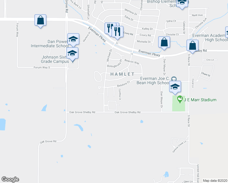 map of restaurants, bars, coffee shops, grocery stores, and more near 9313 Rhoni Court in Fort Worth