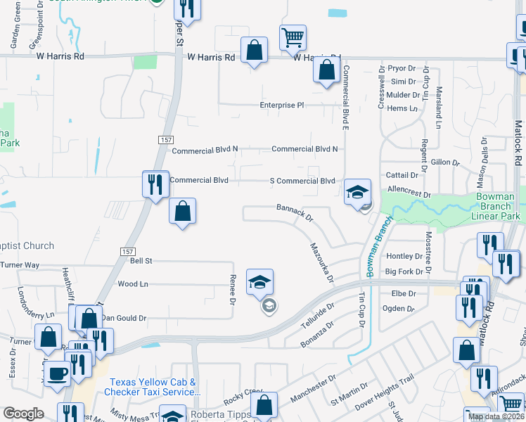 map of restaurants, bars, coffee shops, grocery stores, and more near 1108 Bannack Drive in Arlington
