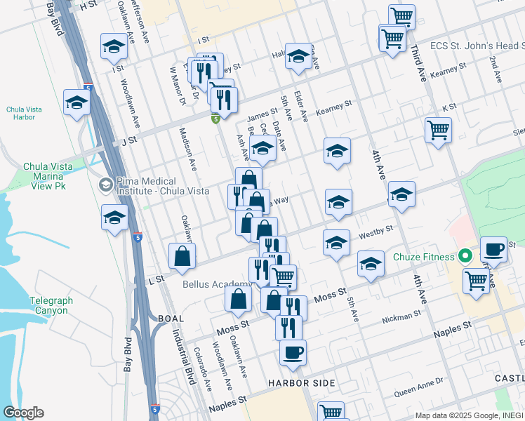 map of restaurants, bars, coffee shops, grocery stores, and more near 856 Ash Avenue in Chula Vista