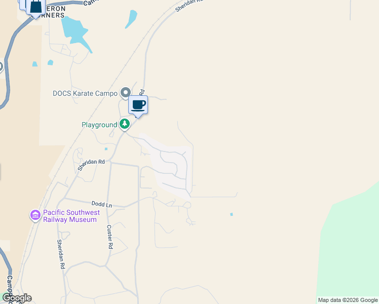map of restaurants, bars, coffee shops, grocery stores, and more near 1255 Duckweed Trail in Campo