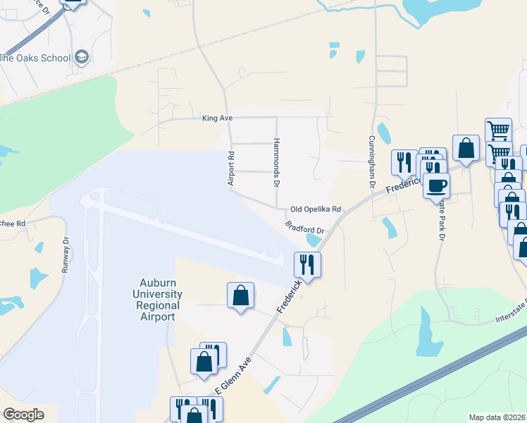 map of restaurants, bars, coffee shops, grocery stores, and more near 3205-3299 Old Opelika Road in Opelika