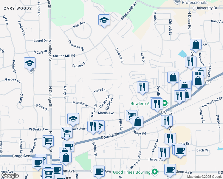 map of restaurants, bars, coffee shops, grocery stores, and more near 520 Mary Lane in Auburn