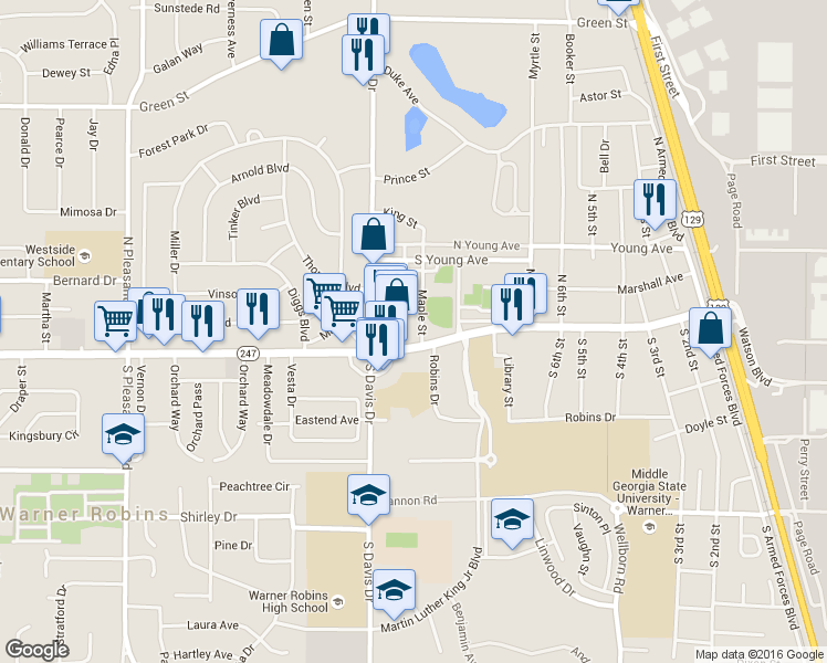 map of restaurants, bars, coffee shops, grocery stores, and more near 900 Watson Boulevard in Warner Robins