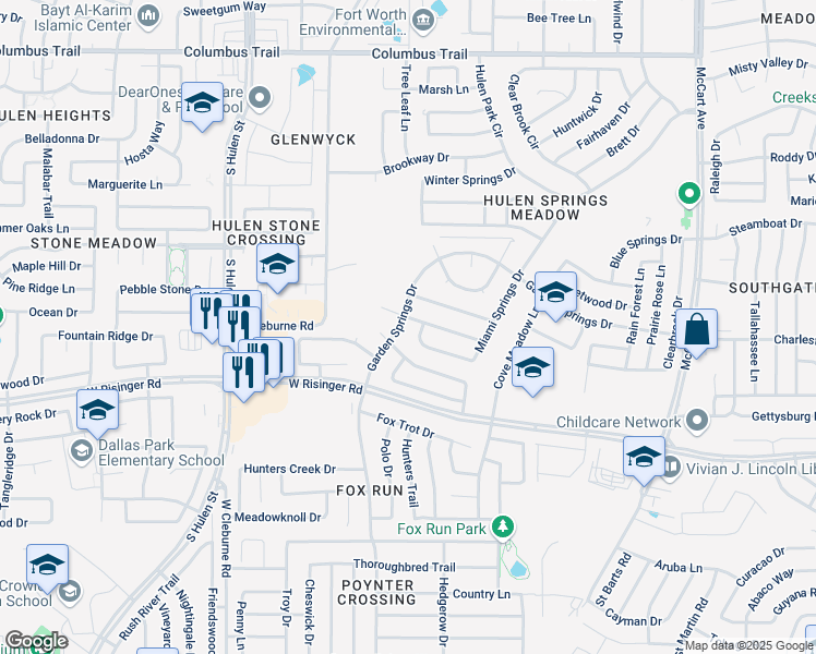 map of restaurants, bars, coffee shops, grocery stores, and more near 8559 Garden Springs Dr in Fort Worth