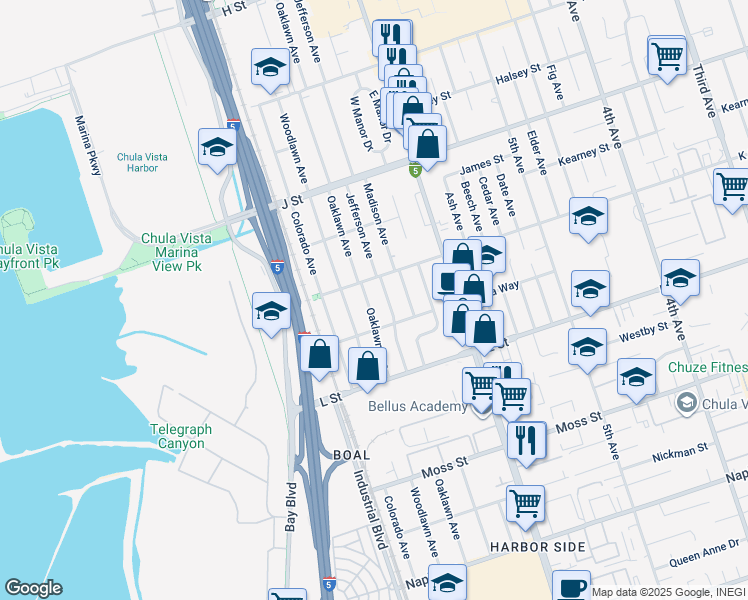 map of restaurants, bars, coffee shops, grocery stores, and more near 819 Oaklawn Avenue in Chula Vista