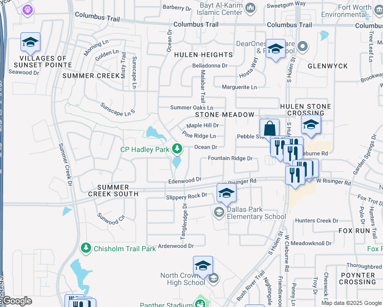 map of restaurants, bars, coffee shops, grocery stores, and more near 8457 Tangleridge Drive in Fort Worth
