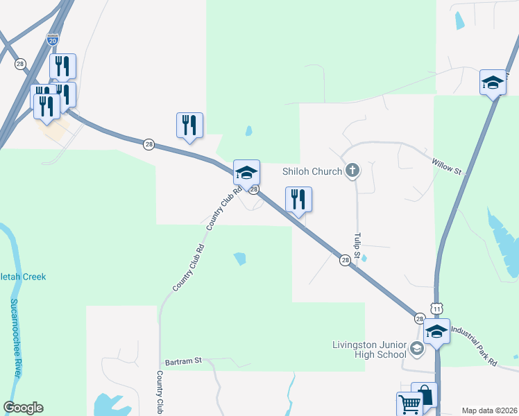 map of restaurants, bars, coffee shops, grocery stores, and more near 714 Country Club Road in Livingston